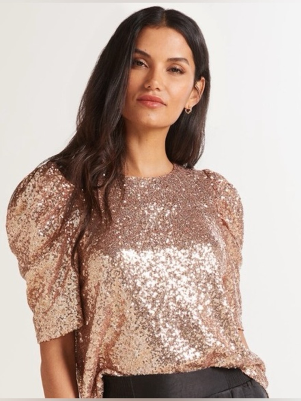 Allison Joy Rose Gold Sequin Puff-Sleeve Blouse